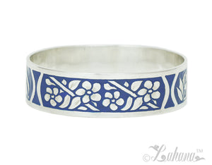 Sterling Silver 18mm Silhouette Collection - Tropical Flower Bangle - Blue