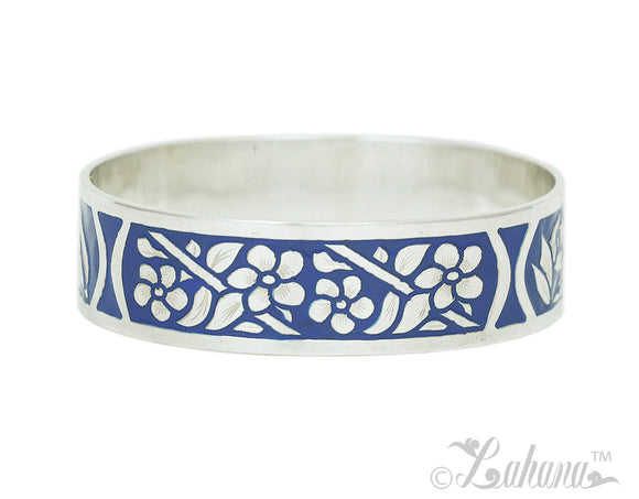 Sterling Silver 18mm Silhouette Collection - Tropical Flower Bangle - Blue