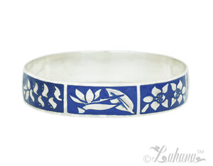 Sterling Silver 15mm Silhouette Collection - Tropical Flower Bangle - Blue