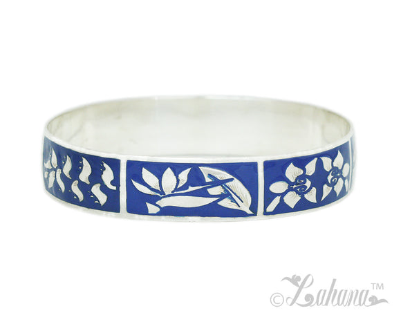 Sterling Silver 15mm Silhouette Collection - Tropical Flower Bangle - Blue