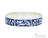 Sterling Silver 15mm Silhouette Collection - Tropical Flower Bangle - Blue