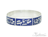 Sterling Silver 15mm Silhouette Collection - Tropical Flower Bangle - Blue