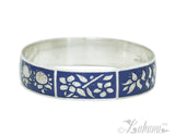 Sterling Silver 15mm Silhouette Collection - Tropical Flower Bangle - Blue