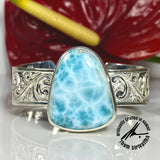 ONE-OF-A-KIND. Larimar, 60 Carats, Sterling Silver Intricate Tapered Cuff Bangle