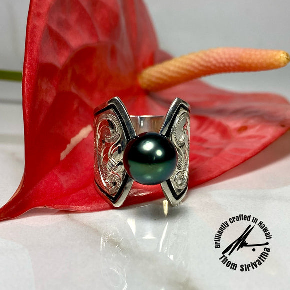 Sterling Silver Cuff Ring with Tahitian Pearl 