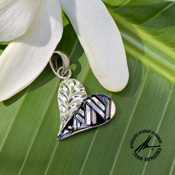 Sterling Silver Tapa and Maile Heart Pendant