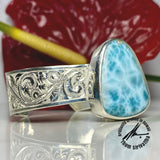 ONE-OF-A-KIND.  Larimar, 60 Carats, Sterling Silver Intricate Tapered Cuff Bangle