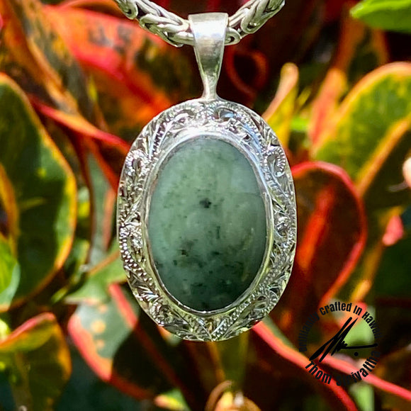 Indonesian Nephrite, 20 Carats, Sterling Silver Frame Pendant