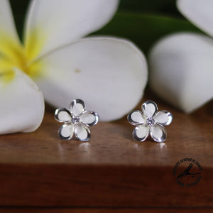 Sterling Silver 8 mm Plumeria with CZ earrings