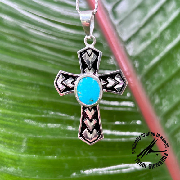 Kingman Turquoise Sterling Silver Medium Cross Spearhead Tribal Pendant