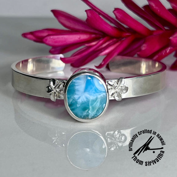 Larimar Sterling Silver 10mm High Polish with Plumeria Cuff