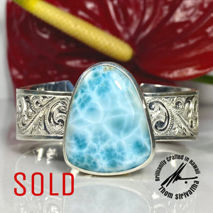 ONE-OF-A-KIND. Larimar, 60 Carats, Sterling Silver Intricate Tapered Cuff Bangle