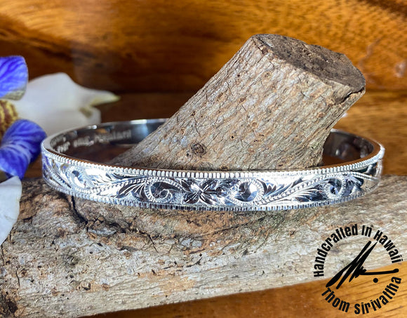 8mm Flat Wire Bangle with Princess Scroll Design and Coin Border