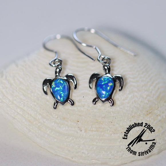 Sterling Silver Turtle (Honu) Dangle Earrings with Synthetic Opal