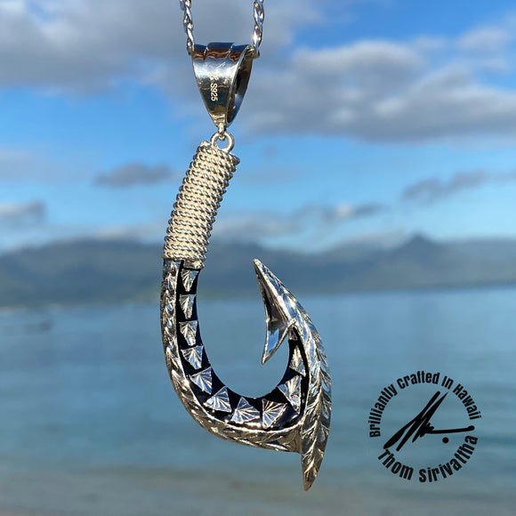 engraved fish hook Sterling Silver SOLID XXL Tapa Fishhook Pendant, Single Sided Engraved – Lahana Jewelry By Thom Sirivattha