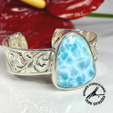 ONE-OF-A-KIND.  Larimar, 60 Carats, Sterling Silver Intricate Tapered Cuff Bangle