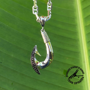 14KWG Solid Medium Fishhook Pendant, Black Diamonds .15ctw