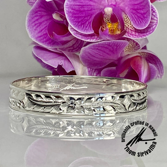 Sterling Silver 10mm Princess Maile + Plumeria Bangle