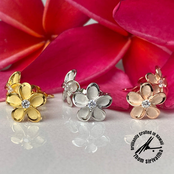 Sterling Silver Gold Plated 10mm Plumeria with CZs Ear Stud