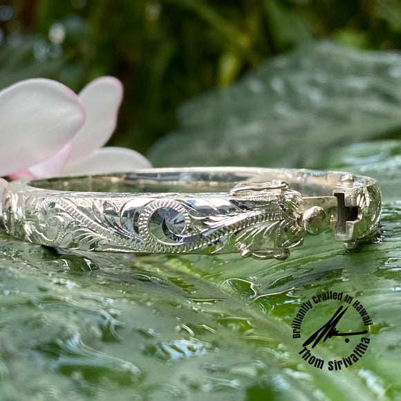 8 mm Sterling silver hinged bangle engraved on three sides