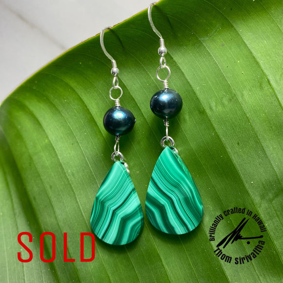 Malachite with Black Freshwater Pearl Sterling Silver Earrings