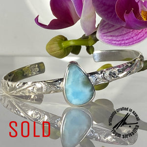 ONE-OF-A-KIND.   Sterling Silver 6mm Larimar, 7.5 Carat, Cuff Bangle, Size 6.5