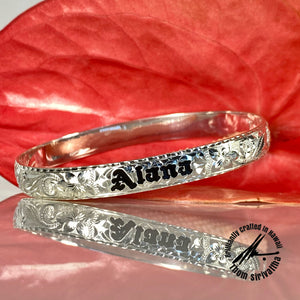 Sterling Silver 8mm "NAME" Plumeria with Fern Scroll Bangle