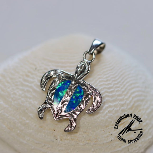 Sterling Silver Turtle (Honu) Pendant with Synthetic Opal