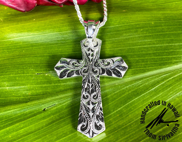 Princess Scroll Mirror Image with Maile Design Cross Pendant